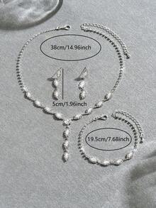 1 Set Women's Rhinestone Jewelry Silver Oval Crystal Necklace, Earrings, Bracelet, Suitable For Bride, Evening Party - Silver-n1185 - View 4