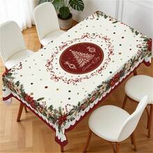 1pc Farmhouse Style Christmas Tablecloth, Poinsettia Christmas Tree Bow Christmas Ball Print Pattern, Polyester Material Single-Sided Print, Suitable For Tabletop, Washable And Reusable, Suitable For Indoor, Outdoor, Yard, Wedding, Banquet, Party, Outdoor Dining, Suitable For Craft Exhibition, Banquet Event Home Decor - Multicolor - View 1