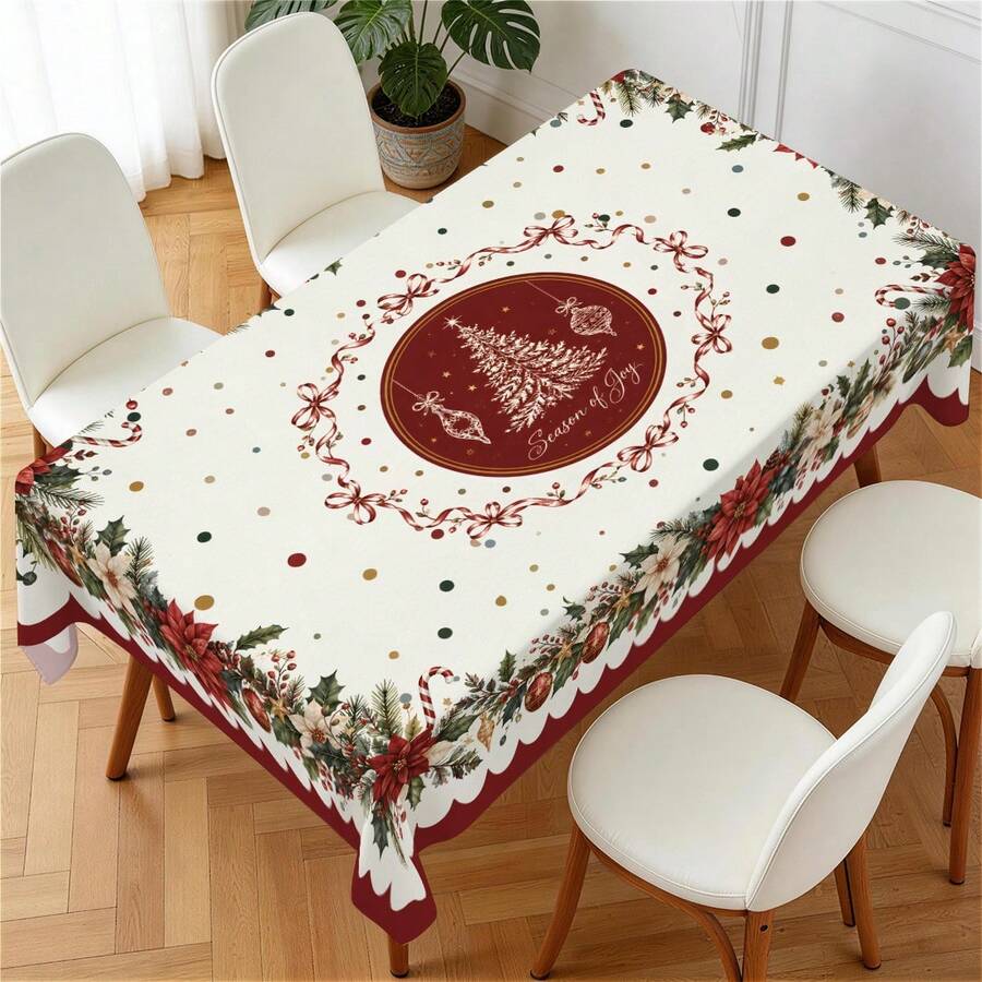1pc Farmhouse Style Christmas Tablecloth, Poinsettia Christmas Tree Bow Christmas Ball Print Pattern, Polyester Material Single-Sided Print, Suitable For Tabletop, Washable And Reusable, Suitable For Indoor, Outdoor, Yard, Wedding, Banquet, Party, Outdoor Dining, Suitable For Craft Exhibition, Banquet Event Home Decor - Multicolor - View 1