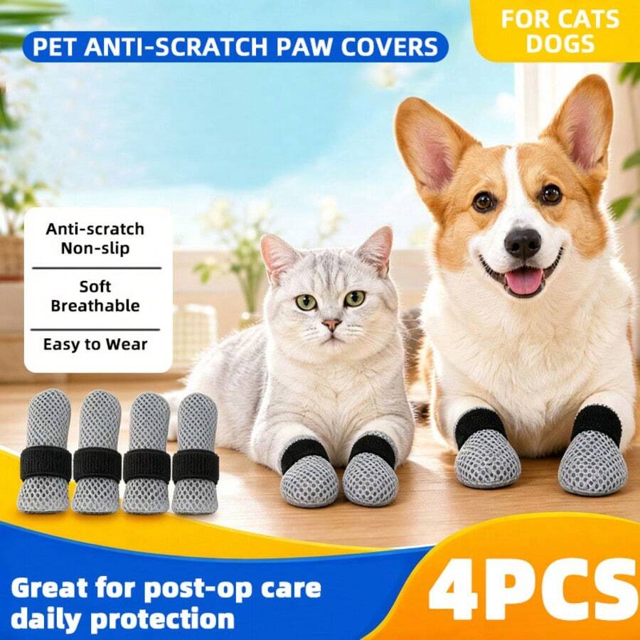 4pcs/Set Pet Shoe Covers Socks Comfortable Breathable Mesh Fabric Cat Dog Shoes Injection Prevention Scratch-Proof Protective Foot Covers Wear-Resistant Anti-Scratch Cat Shoe Covers Pet Dog Socks - Multicolor - View 1