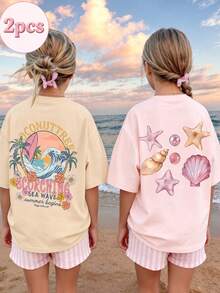 Set de 2 camisetas de manga corta con estampado de conchas y olas tropicales para niñas preadolescentes, apropiado para el verano estudiantil, conjunto a juego, amistad - Multicolor - Ver 2