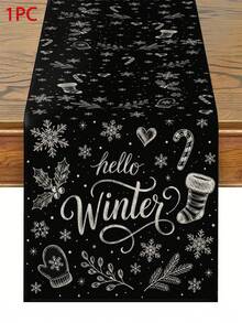 Christmas Table Runner, Placemat, Throw Pillow, Rustic Chalkboard Style Black Background White Text "Hello Winter" Christmas, Snowflake Holly Gloves Candy Cane Sock Pattern, Home Sofa Bedroom Holiday Decor - Multicolor - View 16