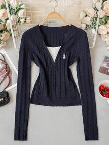 Autumn/Winter New Korean Style Sweet Casual Knit Sweater For Women, Color-Block Cable Knit Texture V-Neck Top, Rabbit Embroidery Slimming Long Sleeve Base Layer, Versatile For Daily Commute - Navy Blue - View 7