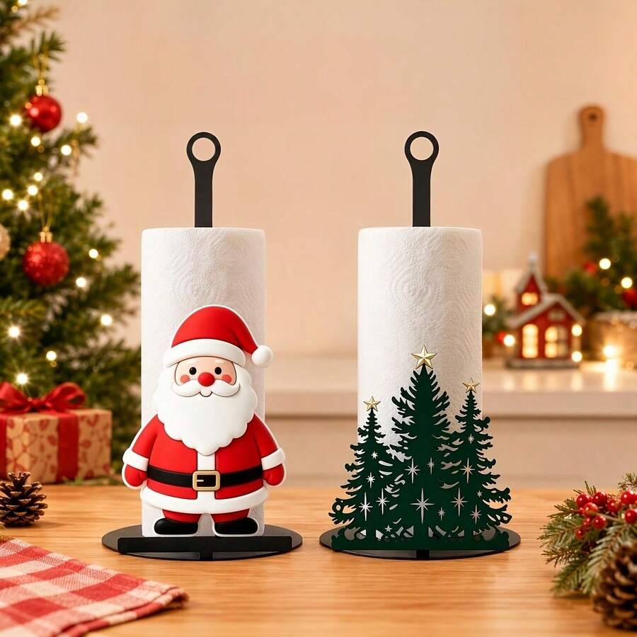 Christmas Themed Vertical Kitchen Paper Towel Holder, Santa Claus/Christmas Tree Style Holiday Home Decor Countertop Paper Towel Storage Rack