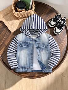 Young Boys Spring Fall Hooded Denim Jacket Denim Top Outerwear Striped Knit Sleeves Washed Button Front Long Sleeve Pockets Casual Outdoor Wear - Blue - View 4