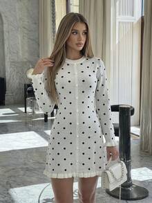 Women's Autumn Set, Elegant Polka Dot Multicolor Long Sleeve Round Neck Ruffle Hem Sweater Dress, Suitable For Outings And Birthday Wear - Multicolor - View 9