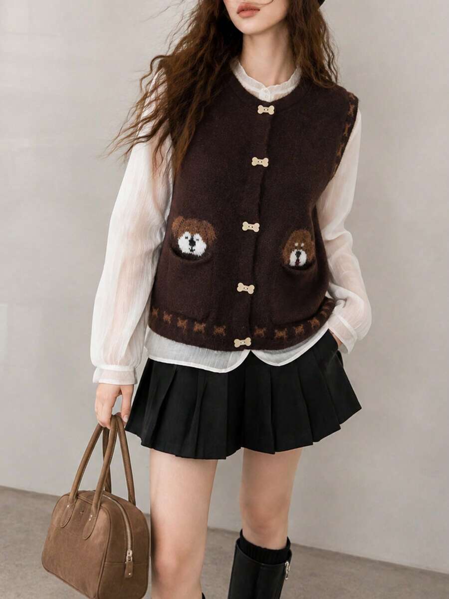 Cardigan Vest Wanita Motif Vintage Menarik dari Benang Campuran Wol untuk Musim Gugur - Coklat - View 1
