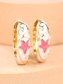 1 Pair Of Sweet And Delicate Oil-Drip Star-Patterned Women's Earrings-Perfect For Everyday Dates, Commuting Outfits And As A Gift For Your Best Friend - White - View 2