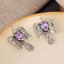 Bông tai treo móc hình voi rỗng phong cách vintage, bông tai hình voi chạm khắc hoa văn cuộn - Bạc - Xem 8