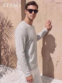 FEIAO Men's Vintage "Old Money Style" Heather Gray Linen Fabric Crew Neck Long Sleeve Casual T-Shirt, All-Season Versatile - Light Grey - View 3