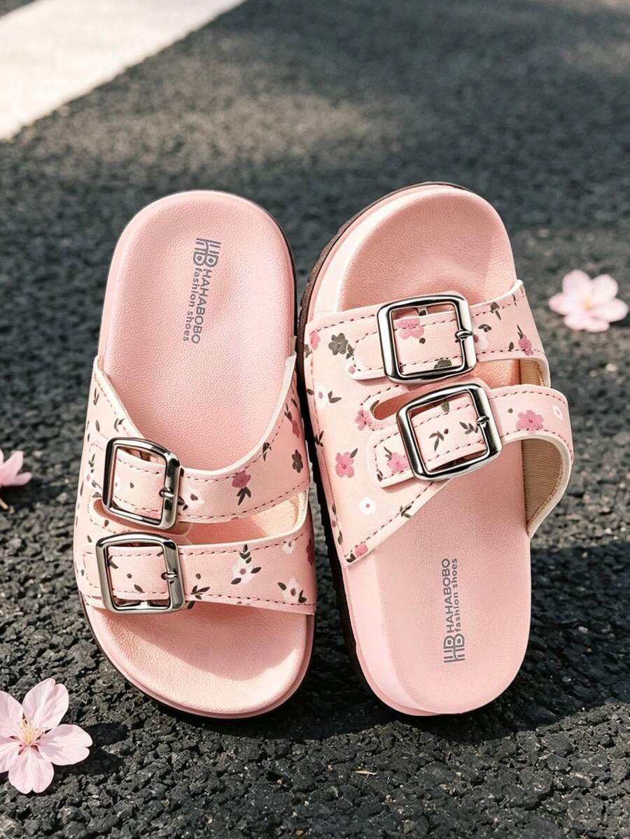HAHABOBO Pink Floral Print Kids Sandals, Girls Toddler Double Strap Sandals, Cute Summer Children's Shoes - Pink - View 1