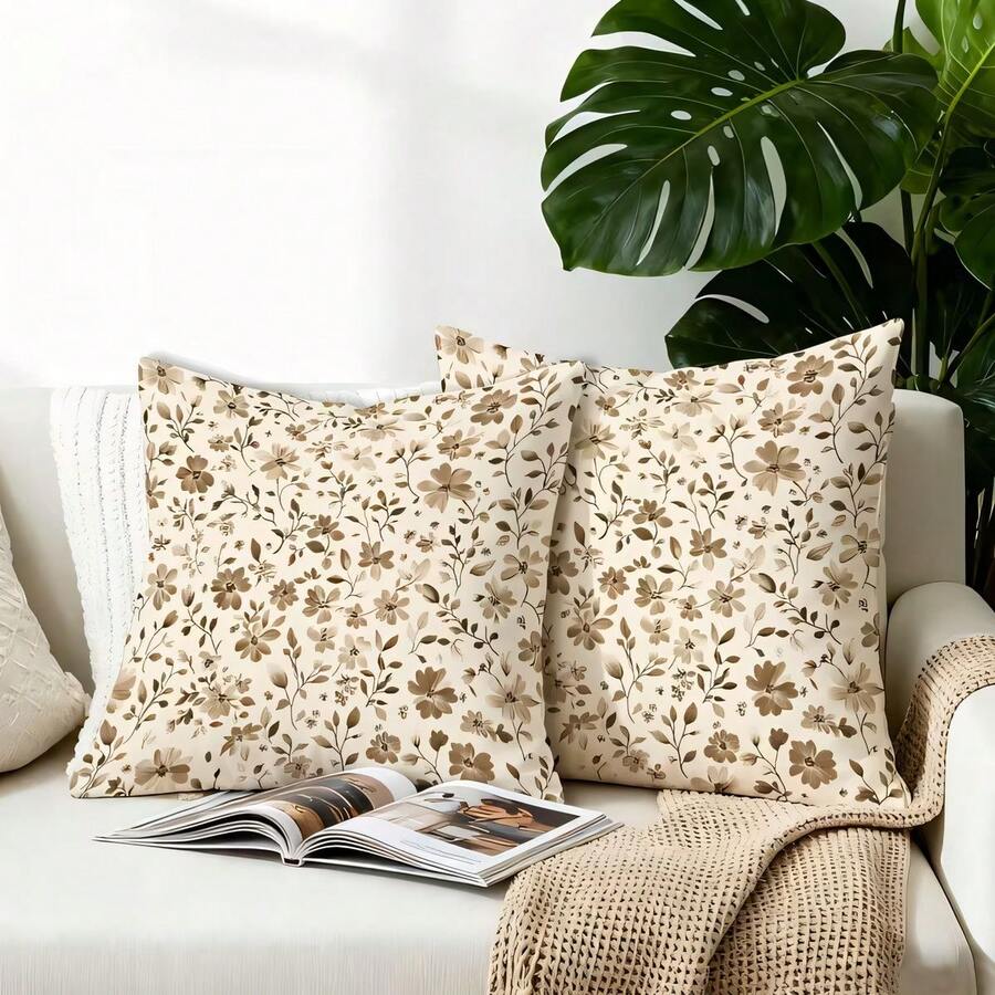 2 vỏ gối hoa nhí vintage màu nâu, in phẳng 2D một mặt, 45x45cm (18x18in), vải polyester mềm mại thoải mái, khóa kéo, giặt máy được, phù hợp trang trí phòng khách phòng ngủ trong nhà (chỉ bao gồm vỏ gối, không kèm ruột gối) - Nhiều màu - Xem 1