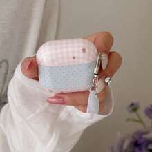 Pink Plaid & Blue Polka Dot Star Patchwork Earphone Case For AirPods Case 2/3/4/Pro/Pro2/Pro3, Shockproof Earphone Case With Pendant, Gift For Men And Women, Commuting Accessory, Fashionable & Creative, Combines Aesthetics And Practicality - Baby Blue - View 2