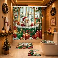 1/4pcs Merry Christmas Winter Shower Curtain Set, Cute Santa Claus, Snowman, Christmas Tree, Snowy Landscape, Snowflake Pattern, Happy New Year Holiday Bathroom Curtain Set, Polyester Fabric, With Hooks, 70.8*70.8 Inches - A - View 19