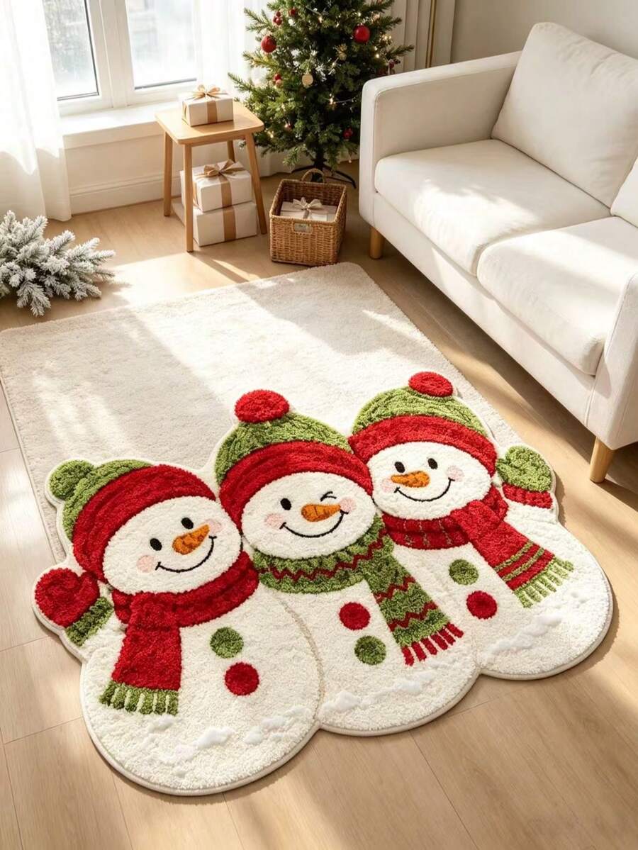 1pc Soft Cute Snowman & Red Green Plaid Carpet, Decorative Rug, Bedroom Decor, Small Rug, Carpet, Home Decor, Living Room Rug, Living Room Small Rug, Bedroom Rug, Living Room Home Decor, Outdoor Rug, Washable Carpet - Multicolor - View 1