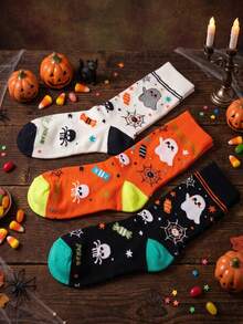 3 Pairs Halloween Ghost & Skull Crew Socks, Spider Web Candy Print Soft Cotton Holiday Casual Socks - Multicolor - View 1