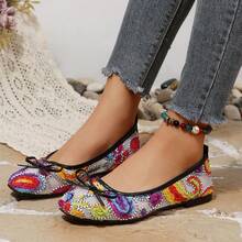 Colorful Embroidered Mesh Low Vamp Ballet Shoes For Women, Vintage Bohemian Bow Round Toe Soft Sole Breathable Casual Flat Shoes - Colorful - View 2