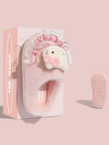 Hello Kitty Cartoon Cute Thick Sole Slippers Fluffy Bowknot Thermal Lined Comfortable Winter Slippers - Pink - View 3