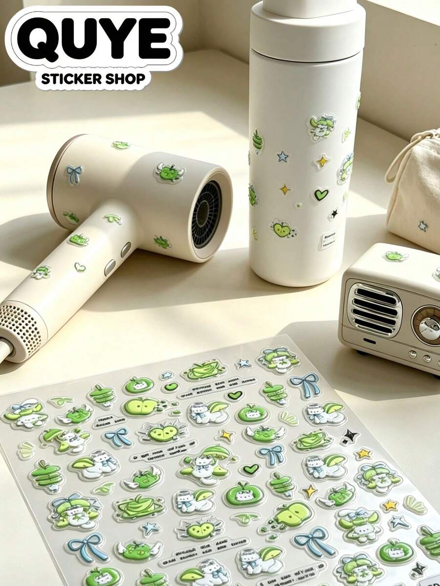1 Set Aesthetic Green Apple Pattern Stickers, Planner Supplies, Decorative Stickers, Suitable For Phone, Camera, Earphones, Daily Decoration - Green Apple Stickers - View 1