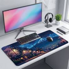Japanese Night Cherry Blossom Street Pattern Extra Long Gaming Mouse Pad And Desk Mat Set, Non-Slip Durable Rubber Base, Smooth Surface, Suitable For Computer Laptop Office Home, Abstract Art Decor, Back To School Supplies - A - View 3