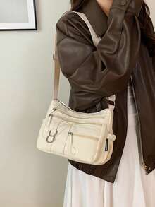 Tas Selempang Wanita Kasual Warna Polos Baru dari Nilon dengan Banyak Lapisan - Tas Serbaguna untuk Komuter dengan Banyak Kantong, Warna Beige - Krem - View 5