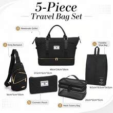 5‑In‑1 Travel Duffel Bag Set Quilted Weekender Tote With Shoe Compartment Cosmetic Pouch Sling Backpack For Travel - Black - View 4