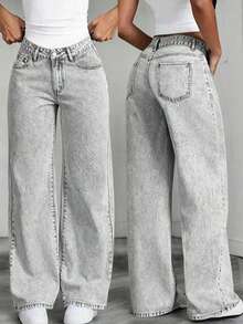 Jeans de pierna recta y ajuste holgado con bolsillos para adolescentes, casuales y versátiles - Gris - Ver 1