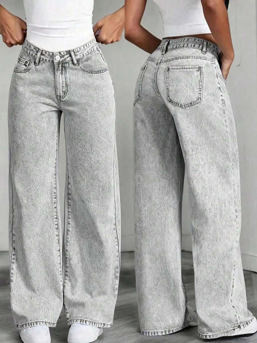 Jeans de pierna recta y ajuste holgado con bolsillos para adolescentes, casuales y versátiles - Gris - Ver 1