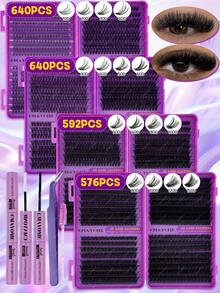 576/592/640pcs D Curl Fluffy False Eyelashes Set, Dense Voluminous DIY Segmented False Eyelashes, Includes Tools, Enlarges Eyes, Lightweight And Reusable, Large Capacity Single Cluster Eyelashes Set, Soft Natural Mixed Style Eyelashes - Multicolor - View 12