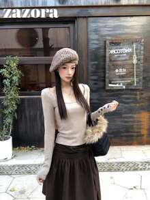 Women's Solid Color Korean Style A-Line Skirt, High-End Elegant - Brown - View 6