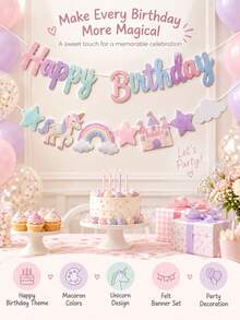 1 Set Unicorn Happy Birthday Banner Set, Macaron Color Paper Garland With Unicorn Castle, Rainbow And Star Patterns, Magical Birthday Party Decoration, Indoor/Outdoor Party Hanging Backdrop Decor - Multicolor - View 6