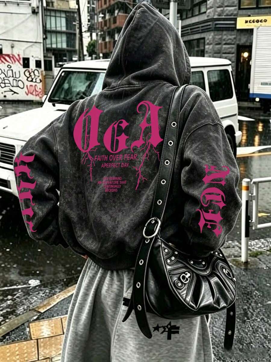 西式女款冬季連帽運動衫,袖子與背面印有字母圖案 - 黑色 - 查看 1