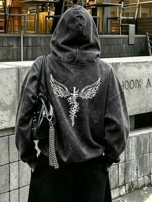 Eye-Catching Sweatshirt With A Dark, Atmospheric Vibe, Featuring A Central Longsword Design Entwined With Floral Motifs And Wing-Like Line Patterns. - Black - View 3
