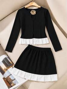 Autumn Girls' Fashion Elegant Contrast Color Floral Decor Button Top And Contrast Color Skirt 2 Pieces Set - Black - View 1