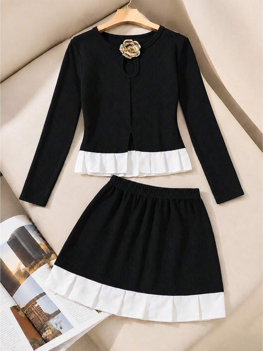 Autumn Girls' Fashion Elegant Contrast Color Floral Decor Button Top And Contrast Color Skirt 2 Pieces Set - Black - View 1
