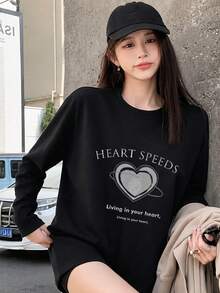 Women's Loose Fit Round Neck Fashion Casual Versatile Letter & Heart Print Long Sleeve T-Shirt, Spring/Autumn - Black - View 3
