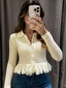 FOR BEAUTY Romantic Knitted Cardigan, Women's New Long Sleeve Sweater Jacket, Spring/Summer Hollow Out Knitted Tassel Cardigan, Spring Outerwear - Apricot - View 2