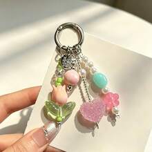 Colorful Beaded Heart Tulip Keychain Pendant, Sweet Handmade Flower Charm, Exquisite Shiny Bead Decoration, Phone Charm, Backpack Bag Car Key Accessory, Gift For Girls And Students - Multicolor - View 6