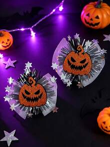 Halloween Glitter Pumpkin Hair Clips For Women, Tulle Star Decor Hair Barrettes, Holiday Cosplay Party Hair Decor - Pumpkin - View 3