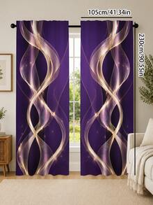 2pcs, Polyester Material, Deep Purple Dreamy Gold Curved Pattern Printed, Light Filtering Curtains, Suitable For Bedroom, Living Room, Office And Home Decor, Rod Pocket Design, Suitable For Rod Installation - Multicolor - View 11