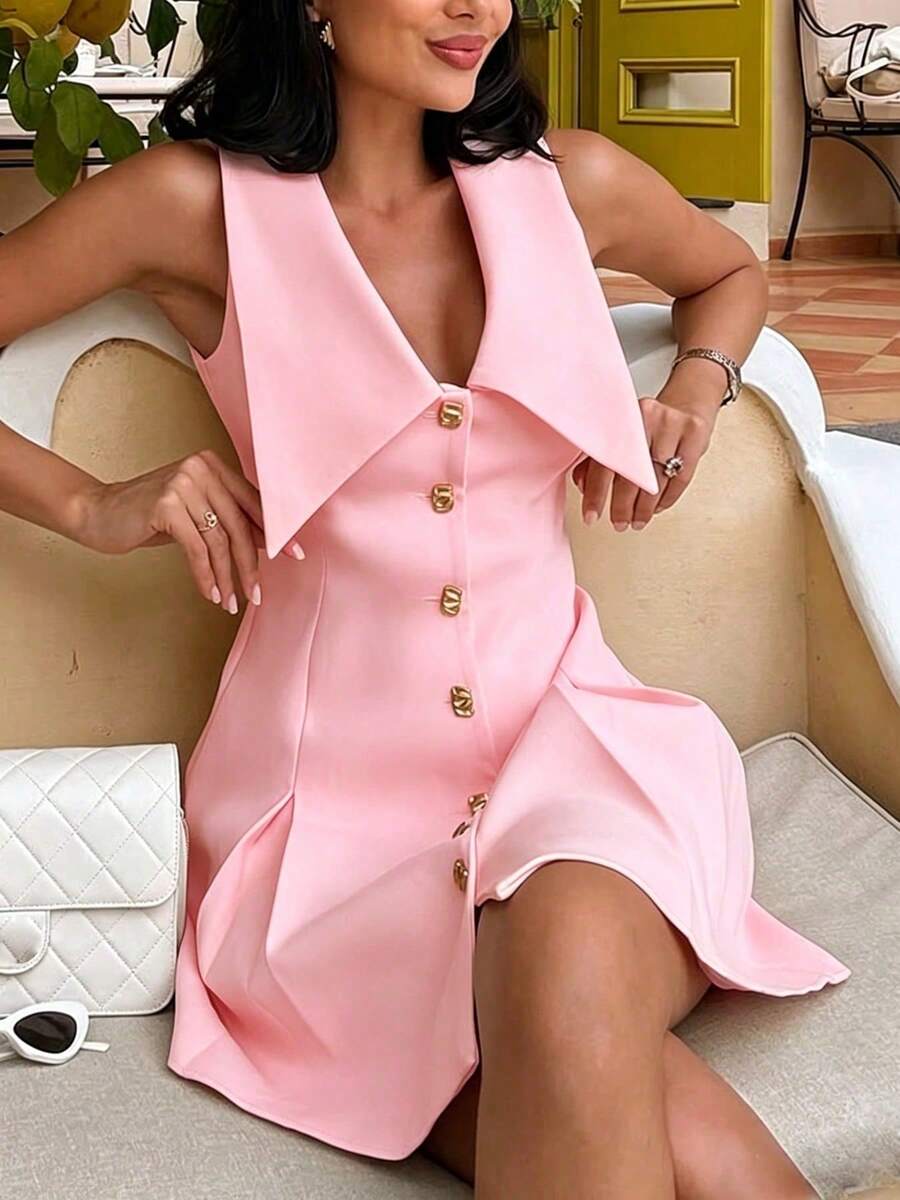 1pc Solid Color Casual Woven Fabric Front Button Pocket Fitted Mini Dress, Beach Resort Wear, Spring/Summer Pink Elegant - Pink - View 1