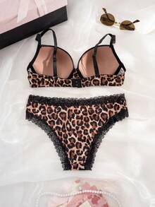 1 Set Women's Leopard Print Lace Patchwork Underwire Molded Cup Comfortable Lingerie Set - Black - View 2