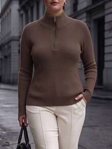 GIGOGOU Plus Size 1XL-4XL Women's Half-Zip Stand Collar Ribbed Knit Sweater, Long Sleeve Raglan Sleeve Slim Fit Solid Brown Casual Pullover, Suitable For Autumn/Winter - Brown - View 2