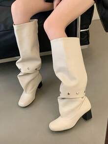 女款厚底增高街頭風靴子 2025新款秋季騎士長靴 中筒靴 棕色復古短靴 - 米色 - 查看 6