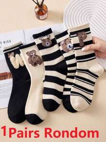 3/5 Pairs Women Sport Cute Bear & Striped Pattern Feather Mesh Mid-Calf Socks, Non-Slip Crew Socks, Suitable For All Seasonsr, For Home, Commute, Date, School, Holiday Gifts,Random Colors - Multicolor - View 9