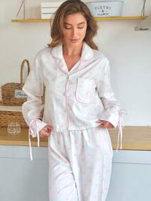 Women's Short Notch Neck Pajama Set, Pink Bow Print Wavy Stripe Long Sleeve Tie Cuff Top With Ruffle Wide Leg Pants, Soft Loungewear - Pink - View 6