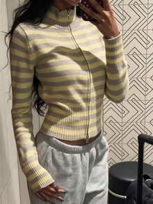 Fall/Winter Yellow Striped Turtleneck Cardigan, Casual Blouse, Slim Fit Sweater Top - Light Yellow - View 7