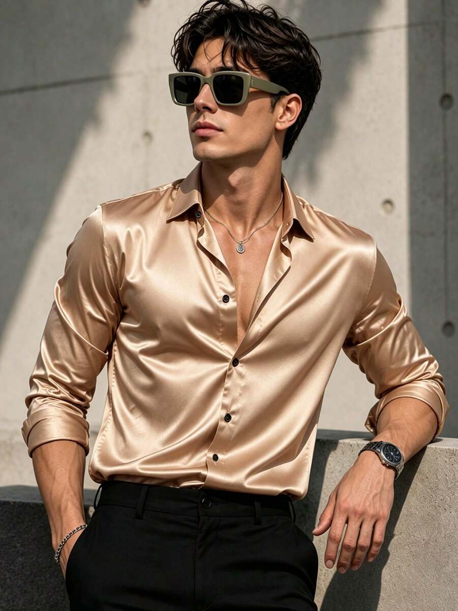 WAIT HIM Men's Satin Long Sleeve Shirt For Ball, Wedding - Gold - View 1