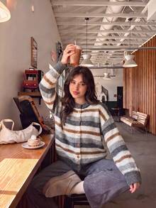 Women's Colorblock Striped Cardigan, Round Neck Button Sweater Top, Suitable For Halloween, Thanksgiving And Christmas Outfits - Grey - View 8