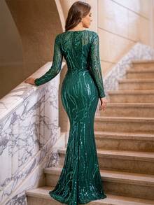 Romagic Round Neck Black & Green Sequin Evening Gown Elegant Long Ball Gown For Women - Green - View 6